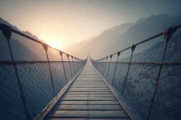 Obraz premium A long adventurous wooden suspension bridge leading into a majestic mountain landscape.