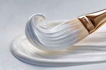 Golden-ferruled brush pulling luxurious white paint into an elegant wave.