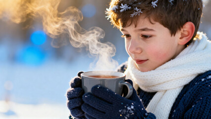 Cozy winter moment: child with hot drink and frosty scarf in snowy wonderland