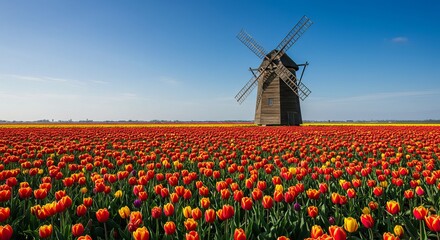 Vibrant tulip fields bloom under a clear blue sky beside a rustic windmill