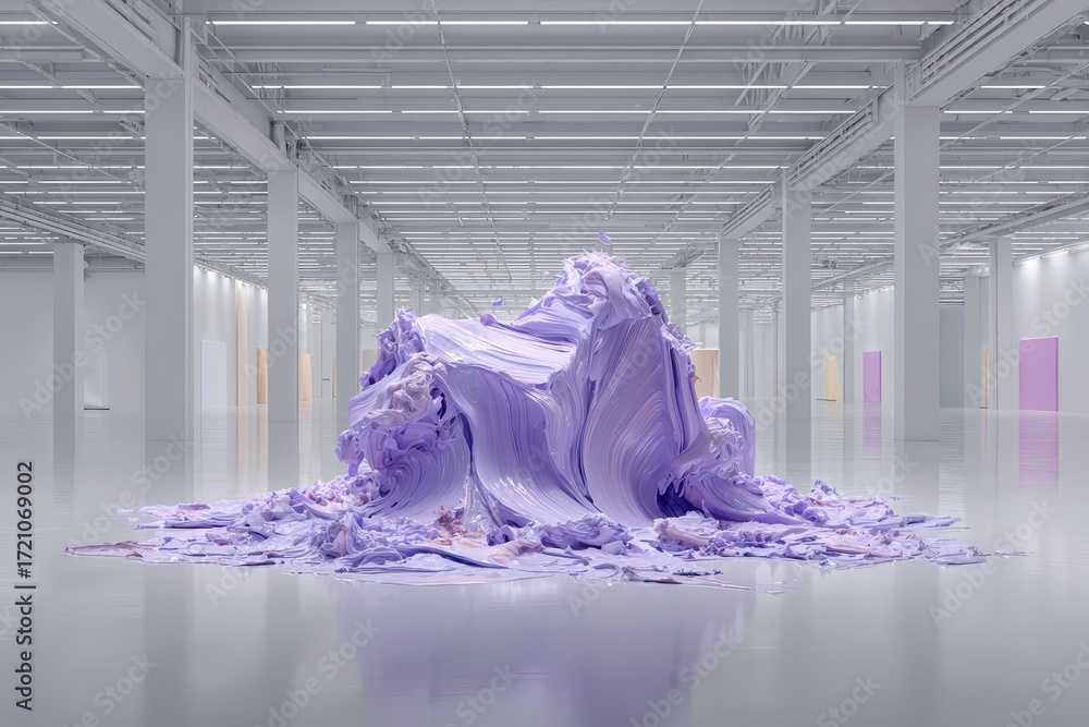 Poster a surreal and captivating scene with a large swirl of lilac paint in a modern art gallery, emphasizi