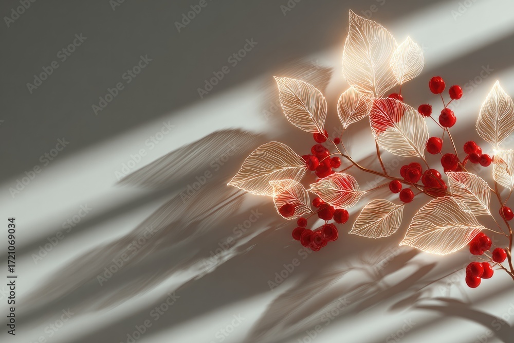 Poster delicate leaves and red berries casting intricate shadows create