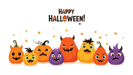 Halloween Gathering of Spooky Figures: Adorable cartoonish characters, including jack-o'-lanterns, monsters, and playful creatures, celebrate the spirit of Halloween against a festive backdrop. 