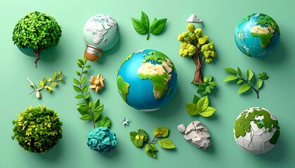Circular arrangement of stylized globes, trees, and plants on a mint background.  Eco-friendly concept