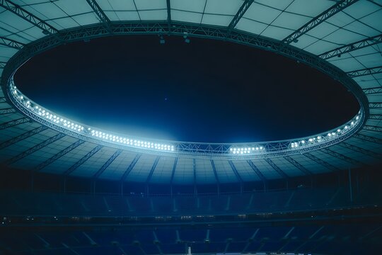 Illuminated Stadium Interior for Sports and Entertainment Events Large Venue with Blue Tones and Architectural Design Elements for Exciting Experiences