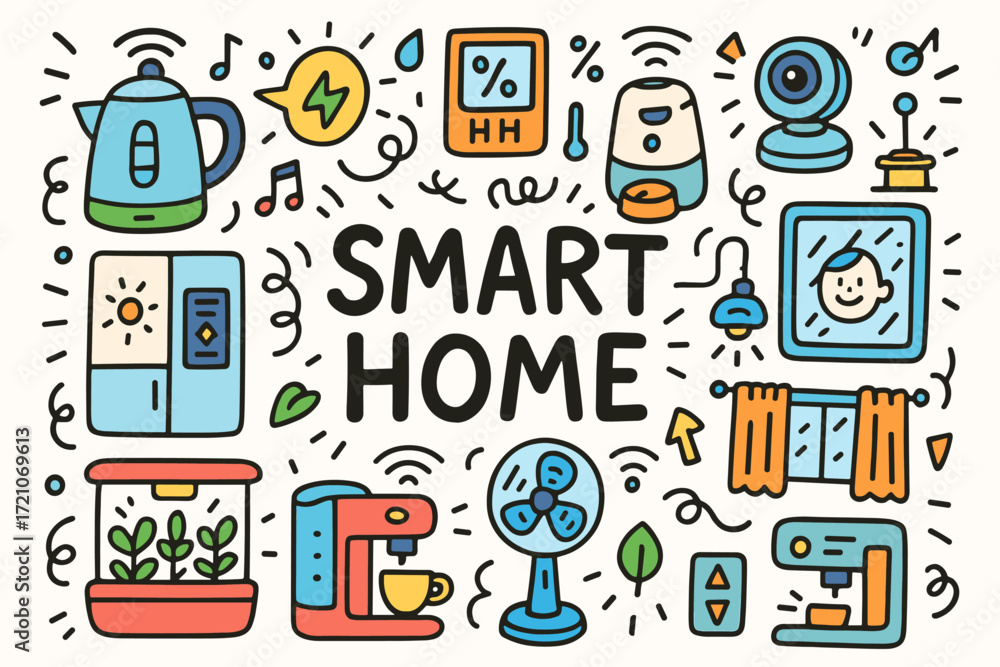 Poster smart home line icon set. connected devices and automation essentials