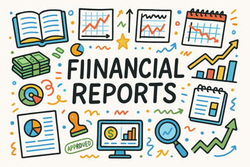 Finance and business doodle icon set. financial strategy, reports outline collection