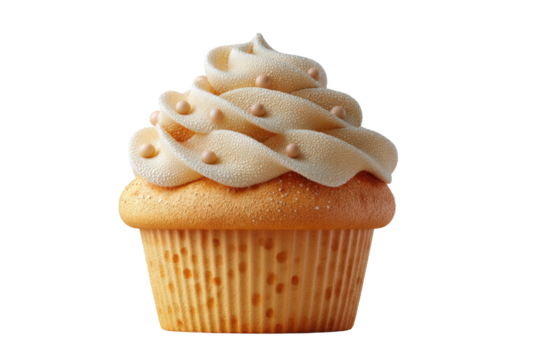 Delicious vanilla cupcake with creamy frosting and sugar pearls, cut out