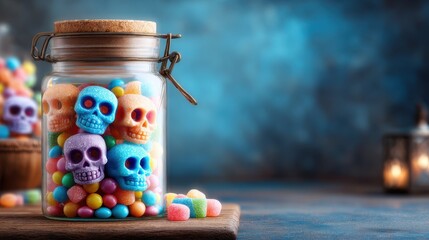 Colorful Skull Shaped Candy in a Jar with Bright Candies on a Rustic Wooden Table