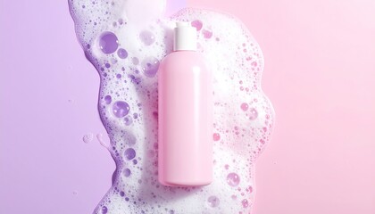 Pink bottle of liquid soap or body wash, surrounded by pastel purple and pink foam