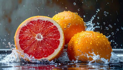 Colorful fruits splashing into water, frozen motion.