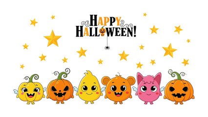 Happy Halloween Illustration: A collection of cute cartoon creatures and festive pumpkins, accompanied by stars and a spider, exude the festive spirit of Halloween in this vector illustration.