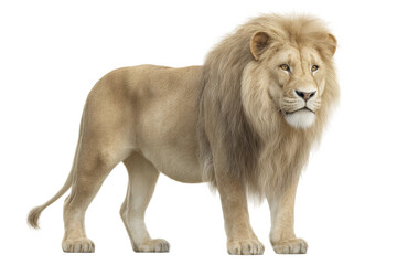 Obraz premium Majestic adult male lion with full mane standing against white background, cut out