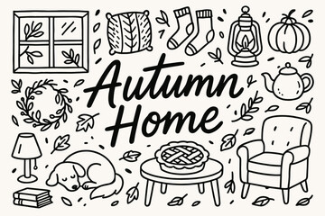 Autumn home comfort outline icon set. cozy seasonal ambiance, fall decor line collection
