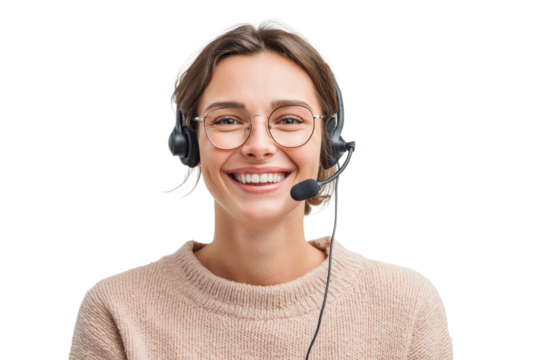 Smiling caucasian female young adult customer service representative with headset, cut out