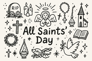 All saints' day outline icon set. religious, celebration, holiday symbols collection