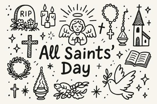 All saints' day outline icon set. religious, celebration, holiday symbols collection