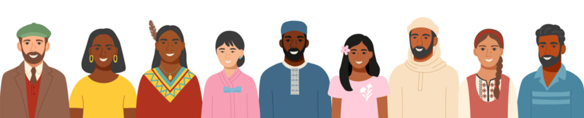 Portraits of men and women of different ethnicities or nationalities in traditional clothing. Concept of equality, cultural diversity, friendship, inclusion. Vector template in a flat style.