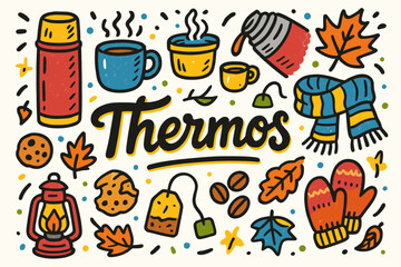 Autumn, cozy doodle icon set. fall, tea, scarf, warm beverage outline collection