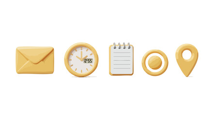 3D rendered set of five light yellow interface icons including mail, clock, notepad, record, and location pin on a white background.