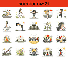 Fototapeta premium Illustrations of people celebrating Solstice Day with various activities 