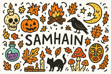 Fototapeta premium Samhain, autumn celebration icon set. flat halloween, harvest, seasonal icons collection