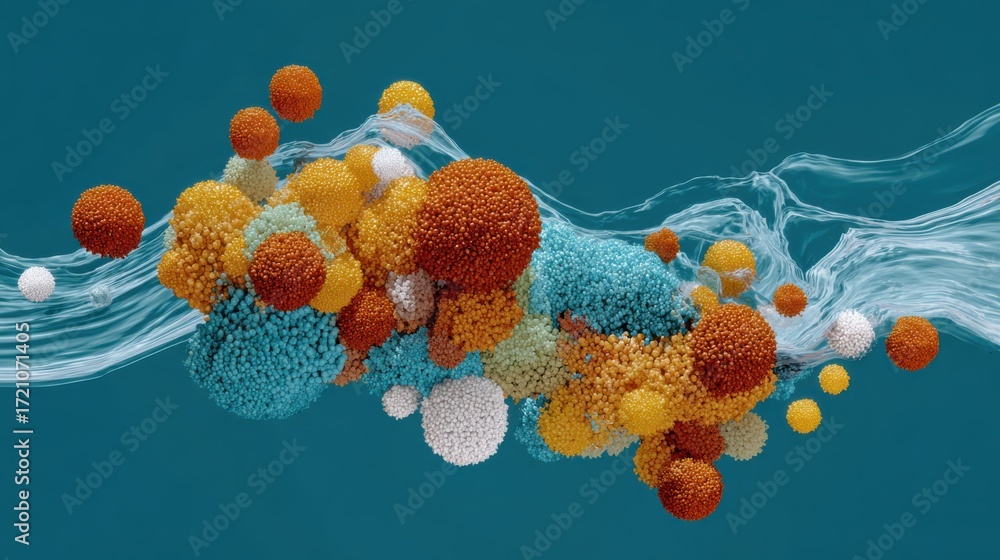 Poster colorful abstract elements floating in fluid motion with bubbles and particles against a teal backgr