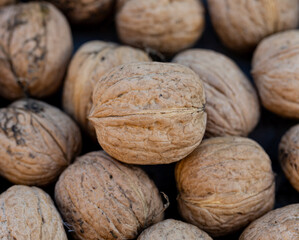 A pile of walnuts with one of them being the largest