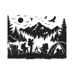 Silhouette of hikers with backpacks at a campsite with tents, campfire, mountains, and birds flying
