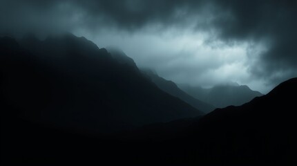 Gloomy Mountain Peak: A dramatic, dark shot of majestic mountain peaks shrouded in heavy, ominous storm clouds. The peaks stand tall, their silhouettes stark against the turbulent sky.