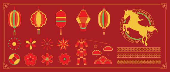 Fototapeta na wymiar Chinese New Year 2026 element vector set. Year of the horse design. Lanterns, horse, firework, frame, pattern, cloud, coin, flower, pattern. Icons of Asian Lunar New Year holiday decoration. 