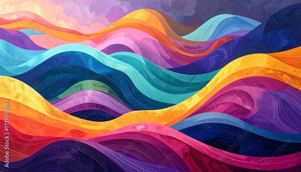 Poster abstract digital art featuring a colorful wave design with a vibrant gradient of colors, creating a 