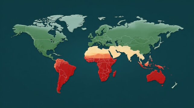 World Map Showing Climate Zones with Distinct Colors for Different Regions and Countries