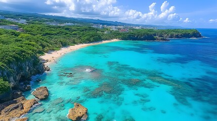 Fototapeta premium Stunning turquoise waters and sandy beaches at a serene coastal location in Okinawa during a sunny afternoon