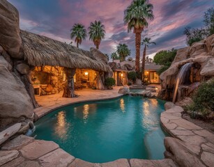 Stunning outdoor pool area at a luxurious home, featuring a rock-themed design, thatched-roof gazebo, and tranquil waterfall.