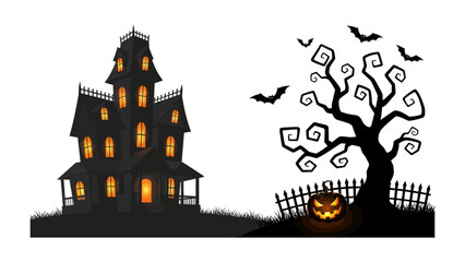 Spooky Halloween Scene: A haunted house and eerie silhouettes of trees, bats, and jack-o'-lantern create an eerie, thrilling scene, evoking the spirit of Halloween.
