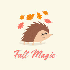 Autumn clipart and postcard with hedgehog, falling leaves and Fall Magic lettering, vector illustration