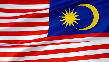 Malaysia flag with 14 red-white stripes, blue rectangle, yellow crescent and 14-point star