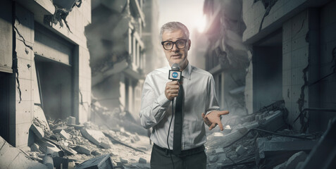 War correspondent reporting events in a destroyed city
