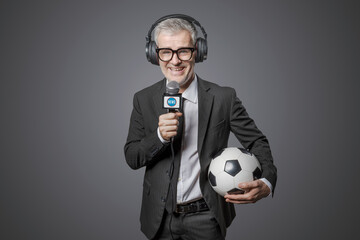 Sports journalist holding a soccer ball and a microphone