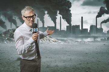 Journalist speaking out against pollution and showing a contaminated industrial area