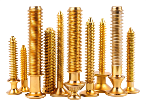 Collection of Various Golden Screws and Fasteners hardware metal isolated on a transparent background