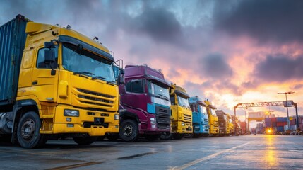 Colorful Trucks in a Row Against a Dramatic Sunset Sky at a Freight Terminal