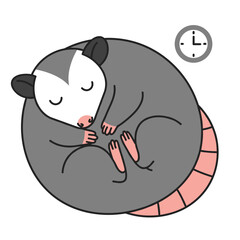 Cute Sleeping Possum Cartoon with Clock