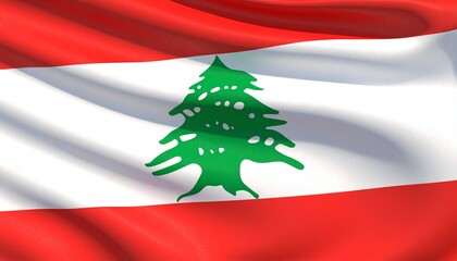 Lebanon flag with red-white-red horizontal bands, central green cedar tree symbolizing peace and eternity