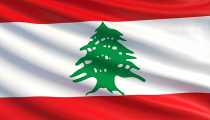 Lebanon flag with red-white-red horizontal bands, central green cedar tree symbolizing peace and eternity