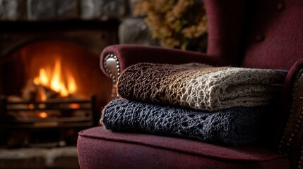 Cozy home interior with fireplace and blankets on armchair for winter season relaxation and comfort vibe