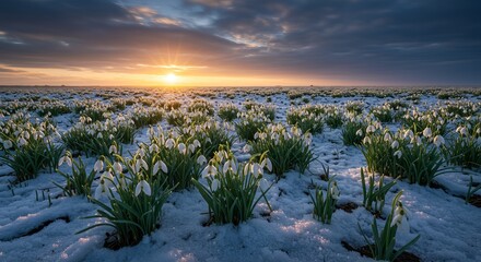 Stunning snowdrops emerge through winter snow at sunrise, a symbol of hope