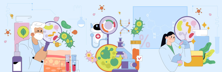 Obraz premium Scientists Analyzing Microorganisms with Magnifying Glass