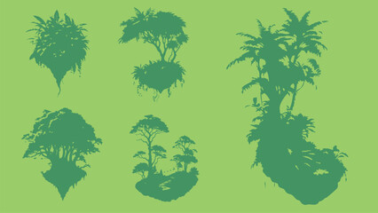 Floating Islands with Trees Silhouette - Green composition